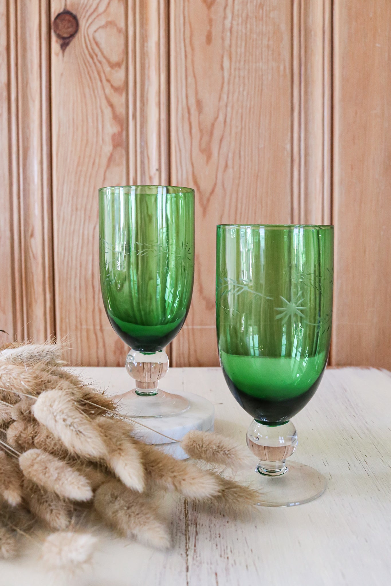 (Set of 2) Vintage Green Etched Cocktail Glasses