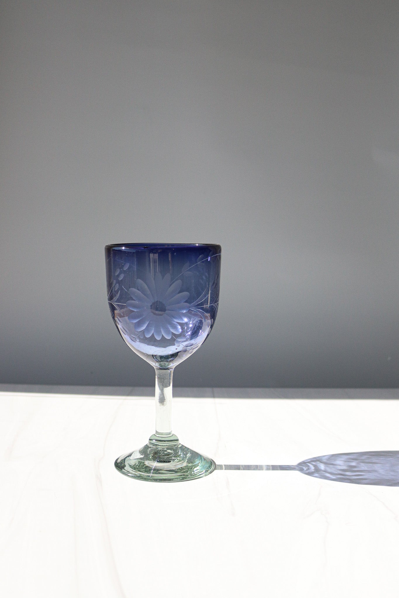 Etched Condessa French Blue Wine Glass