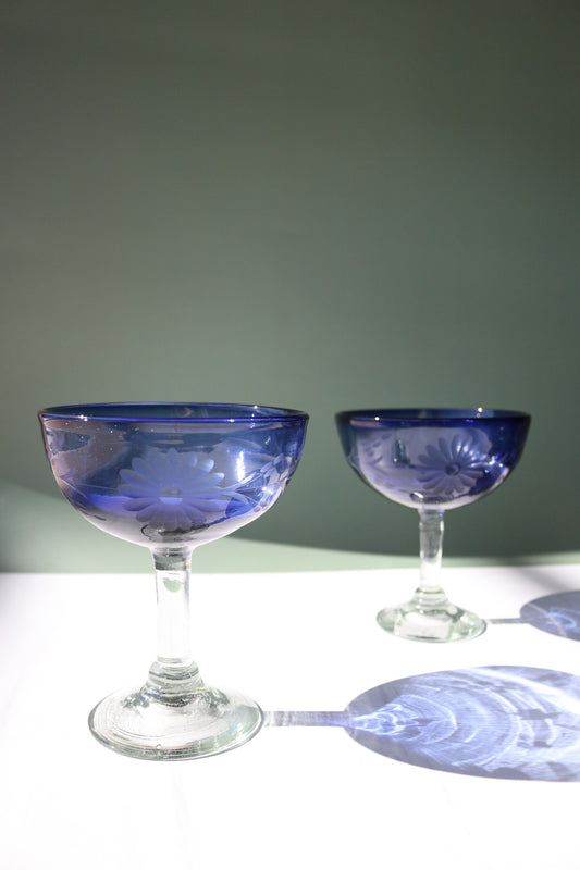 Etched Condessa French Blue Stemmed Margarita Glass