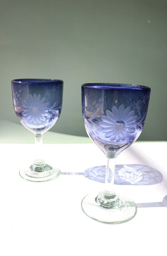 Etched Condessa French Blue Wine Glass